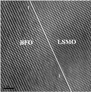 This high-resolution TEM micrograph shows BFO grown on a silicon substrate and aligned with an LSMO (lanthanum strontium manganese oxide) electrode. Image credit: North Carolina State University