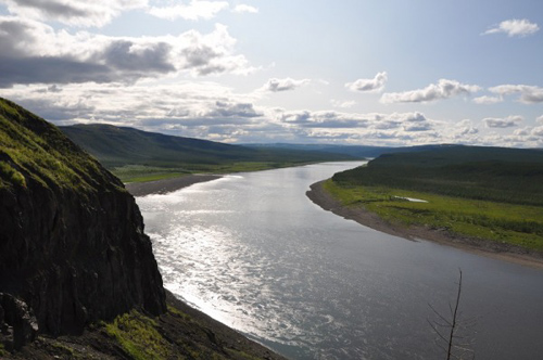 Photo of the Kotuy River in Arctic Sibera, where the base of the Siberian Traps vocanic sequence is shown. Photo courtesy of MIT's Benjamin Black