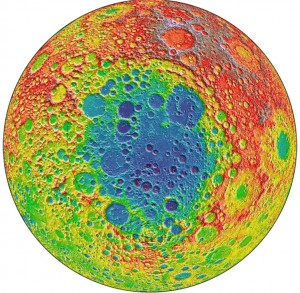 Among the largest known craters in the solar system Red areas on the topographic image indicate high elevations, and blue or purple areas indicate low elevation. The South Pole Aitken basin could hold clues about the composition of the Moon’s mantle. Image credit: NASA/GSFC (Click image to enlarge)