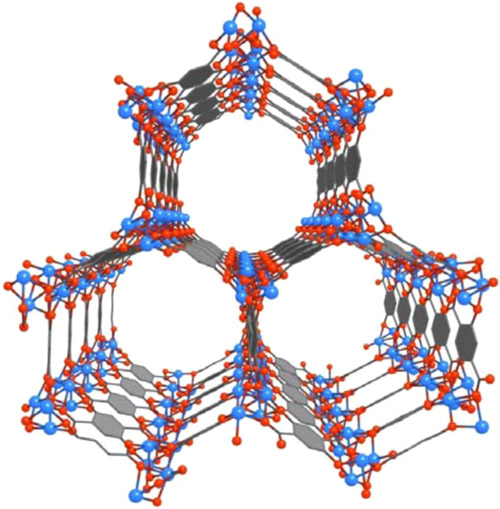 Mg-MOF-74 is an open metal site MOF whose porous crystalline structure could enable it to serve as a storage vessel for capturing and containing the carbon dioxide emitted from coal-burning power plants. Image credit: National Academy of Sciences