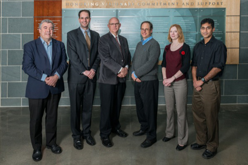 Pictured are Nobel symposium presenters (from left) Stephen Barr, Frederick Bereskin, Kenneth van Golen, Stuart Kaufman, Siobhan Carroll and Sandeep Patel. Photo by Evan Krape