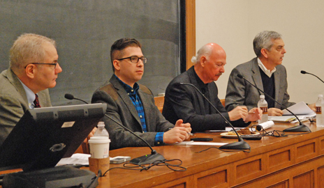 Gabriel Schoenfeld, Spencer Ackerman, James Bamford, and David Schulz in a discussion about the National Security Agency on Dec. 5 at the Law School. (Photo by Alaina Pritchard)