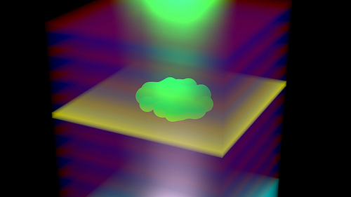 Polariton BEC within the polymer-filled micro-resonator consisting of the luminescent polymer layer (yellow) and the two mirrors each consisting of many pairs of different transparent oxide layers (red and blue). The polaritons are created by excitation of the polymer layer from below with a laser beam (white). The polaritons (green), which are bosons composed of photons and electron-hole pairs, are formed through interactions of the polymer with the microcavity. Once a critical density is reached, the polaritons undergo Bose-Einstein condensation, emitting green laser-like light through the top mirror. Photo Credit: IBM Research