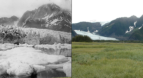 The retreat of Pedersen Glacier, Alaska. Left: summer 1917. Right: summer 2005. Image credit: NASA/JPL