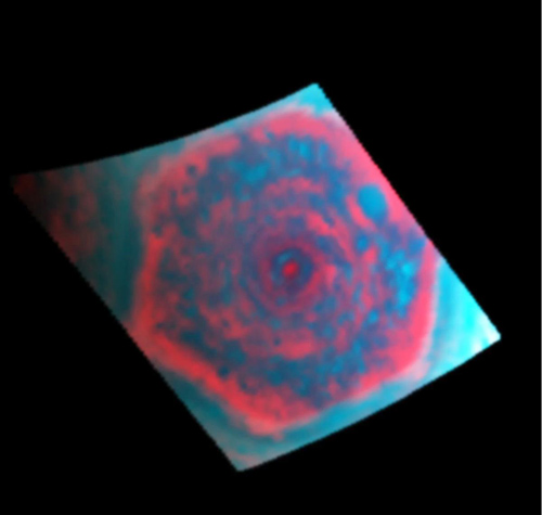 This colorized movie from NASA's Cassini mission shows a polar projection of the curious six-sided jet stream at Saturn's north pole known as "the hexagon" in the infrared. Image credit: NASA/JPL-Caltech/University of Arizona