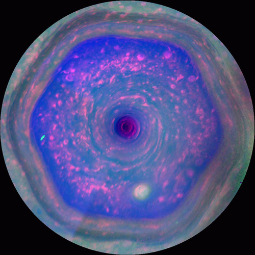This colorful view from NASA's Cassini mission is the highest-resolution view of the unique six-sided jet stream at Saturn's north pole known as "the hexagon." This movie, made from images obtained by Cassini's imaging cameras, is the first to show the hexagon in color filters, and the first movie to show a complete view from the north pole down to about 70 degrees north latitude. Image credit: NASA/JPL-Caltech/SSI/Hampton University