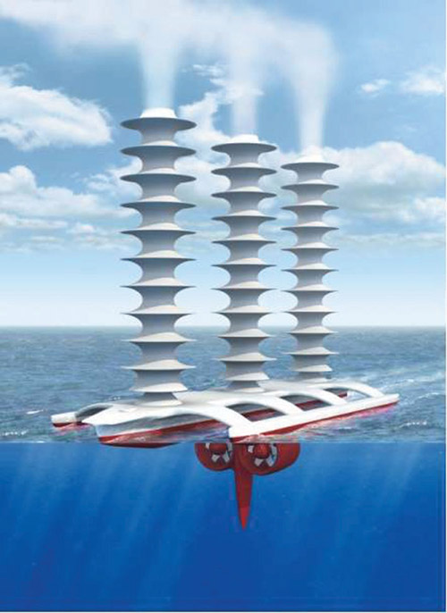 A conceptualized image of a wind-powered, remotely controlled ship that could seed clouds over the ocean to deflect sunlight. Image credit: John MacNeill