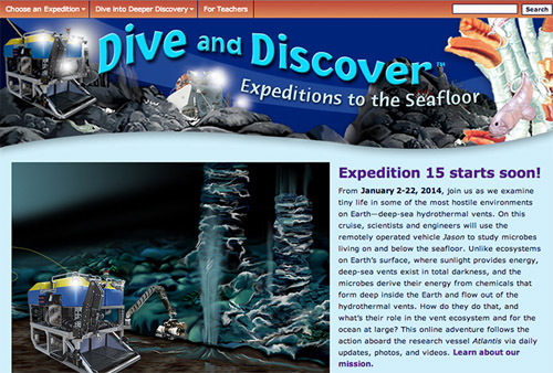 Dive and Discover—an interactive distance-learning website launched in January 2000—is designed to immerse viewers in the excitement of discovery and exploration of the deep seafloor. Website visitors will be able to tag along via their computers and experience much of what the scientists are seeing and learning. Image credit: Woods Hole Oceanographic Institution