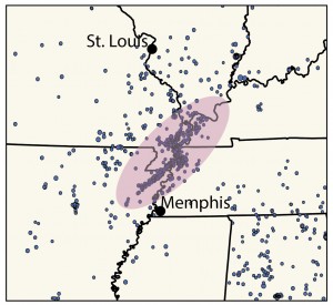 Recent earthquakes in the New Madrid Seismic Zone (CEUS-SSC catalog, 1990-2008). Image credit: U.S. Geological Survey (Click image to enlarge)  