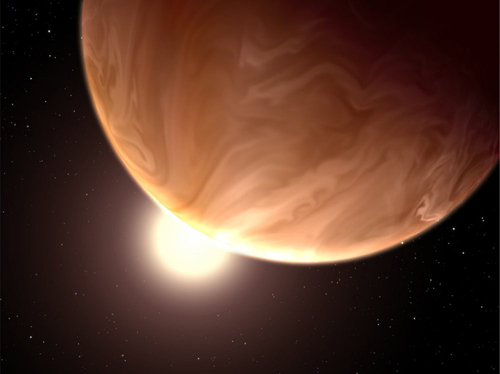 This image shows an artist’s view of exoplanet GJ 1214b. Image courtesy of NASA, ESA, STScI-PRC14-06