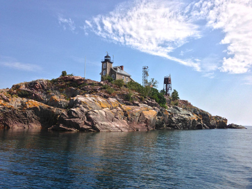 Granite Island Light Station, Lake Superior. The nearby belltower, far right, hosts one of five year-round Great Lakes evaporation monitoring stations. Image credit: John Lenters