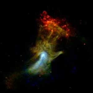 Can you see the shape of a hand in this new X-ray image? The hand might look like an X-ray from the doctor's office, but it is actually a cloud of material ejected from a star that exploded. NASA's Nuclear Spectroscopic Telescope Array, or NuSTAR, has imaged the structure in high-energy X-rays for the first time, shown in blue. Lower-energy X-ray light previously detected by NASA's Chandra X-ray Observatory is shown in green and red. Image credit: NASA/JPL-Caltech/McGill (Click image to enlarge)