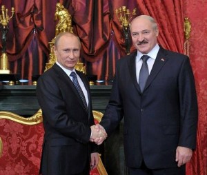 President Alexander Lukashenko, right, shaking hands with Russian President Vladimir Putin, left, in 2012. Image credit: Kremlin.ru