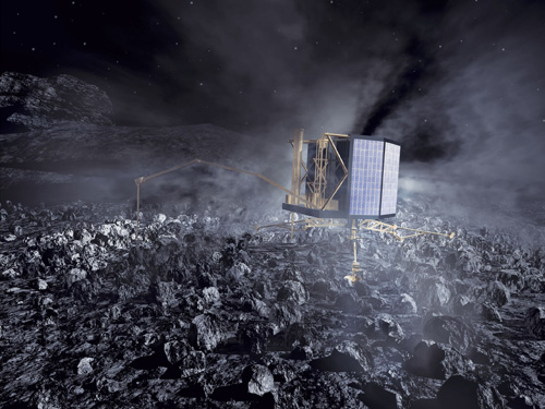 An artists interpretation of the Rosetta mission lander, named Philae, on the core of comet 67P/Churyumov-Gerasimenko. It's expected to land in November. Image credit: ESA / AOES Medialab