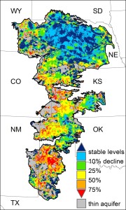 Significant portions of the Ogallala Aquifer, one of the largest bodies of water in the United States, are at risk of drying up if it continues to be drained at its current rate. Image courtesy of MSU (Click image to enlarge)