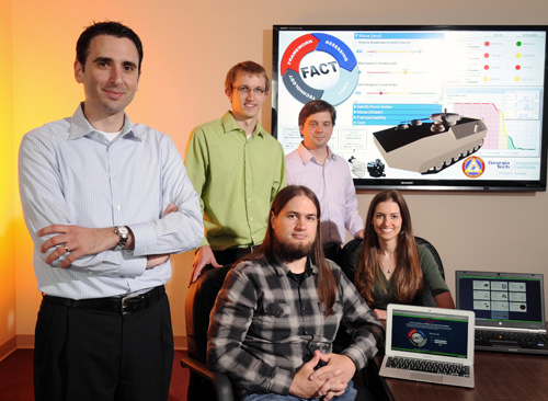 The Georgia Tech Research Institute (GTRI) team that developed the Framework for Assessing Cost and Technology (FACT) includes (left to right, standing) Tommer Ender, Daniel Browne, Santiago Balestrini-Robinson, (seated) Aaron Hansen, Jennifer DeLockery. Image credit: GTRI