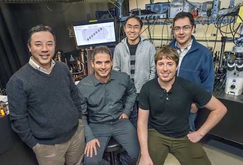 From left Xiang Zhang, Haim Suchowski, Zi Jing Wong, Kevin O'Brien and Alessandro Salandrino have created a nonlinear light-generating zero-index metamaterial that holds promise for future quantum networks and light sources. Photo by Roy Kaltschmidt (Click image to enlarge)