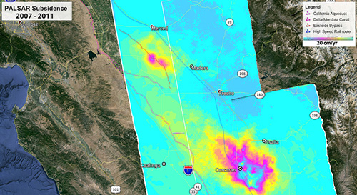 Map showing subsidence (sinking) rates in California's southern Central Valley from 2007 to 2011 as measured by radar data from the Japan Aerospace Exploration Agency's PALSAR instrument on JAXA's Advanced Land Observing Satellite. One full cycle of the color bar equals 20 centimeters (about 8 inches) per year. NASA is using space-based radar data to monitor groundwater depletion in California. Image credit: NASA/JPL-Caltech/JAXA/Google Earth