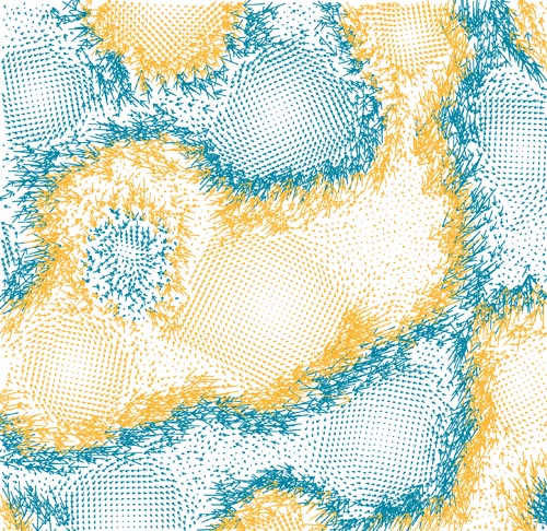 U-M researchers have found in a simulation that simply inducing nanoparticles to spin causes them to self assemble into 'living rotating crystals.' The size and direction of the arrows indicate the movements of the particles, while the yellow and blue colors represent clockwise and counterclockwise spinners, respectively. The arrows arranged in orderly grids are particles that have formed rotating crystals, while the large, aligned arrows at the boundaries show how particles are driven along the interfaces. Image courtesy Sharon Glotzer