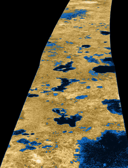 Heutige Seenplatte auf dem Titan (Seen mit flüssigem Methan/Ethan) (Image copyright: NASA/JPL/USGS)