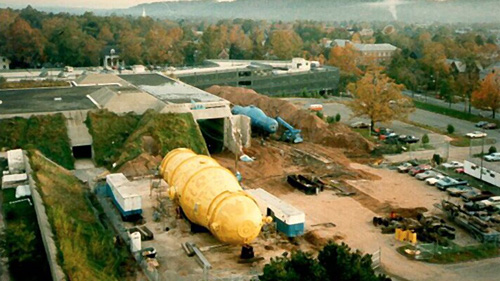 Installation of the Tandem accelerator in 1985. Image credit: The Wright Laboratory