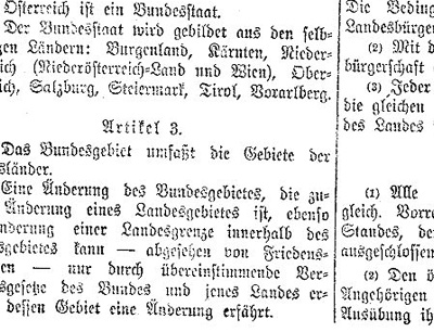 Auszug aus der Kundmachung der Bundesverfassung im Bundesgesetzblatt 1920 (10. November 1920, 1. Stück). (Foto credit: ÖNB-ALEX)