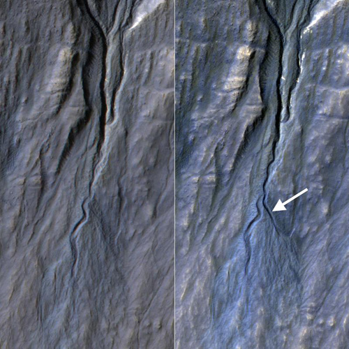 This pair of before (left) and after (right) images from the High Resolution Imaging Science Experiment (HiRISE) camera on NASA's Mars Reconnaissance Orbiter documents formation of a new channel on a Martian slope between 2010 and 2013, likely resulting from activity of carbon-dioxide frost. Image credit: NASA/JPL-Caltech/Univ. of Arizona