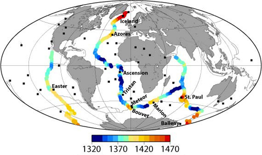 Potential temperatures (°C). After an earthquake, seismic waves propagate faster in cooler rock and slower in hotter rock. Observing the speed of seismic waves allows scientists to measure temperatures deep inside the earth and along mid-ocean ridges, above.Image credit: Brown University