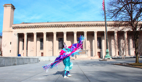 Dorame performs a fancy shawl powwow dance on Beinecke Plaza. (Photo by David Rico ’16)