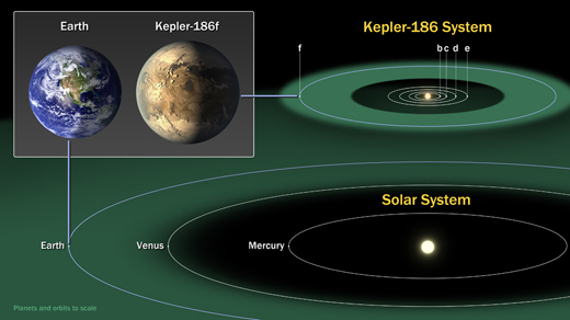 The diagram compares the planets of our inner solar system to Kepler-186, a five-planet star system about 500 light-years from Earth in the constellation Cygnus. Image credit: NASA Ames/SETI Institute/JPL-Caltech