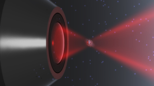 Künstlerische Darstellungen eines Nanoteilchens in der Laserfalle. (Image copyright: Iñaki Gonzalez and Jan Gieseler)