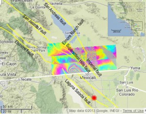 UAVSAR measurements north of the 2010 El Mayor-Cucapah earthquake, which scientists have learned was followed by quiet movement on faults in California. Inset map shows the region on the California-Mexico border. Image credit: NASA/JPL/USGS/California Geological Survey/Google (Click image to enlarge)