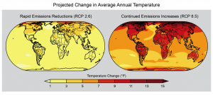 The best case (left) and worst case (right) scenarios considered in the National Climate Assessment both show temperature increases by the end of the century. Image credit: Berkeley Lab (Click image to enlarge)