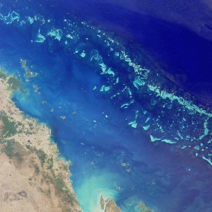 Satellitenfoto eines Teils des Great Barrier Reef nordöstlich von Australien. Image credit: NASA (Source: Wikipedia)