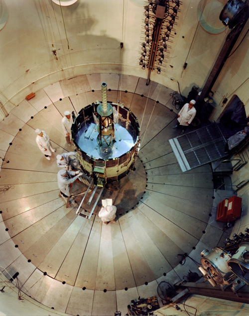 NASA's ISEE space probe undergoing testing before launch in 1978. (Photo credit: NASA)