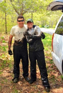 Dirty work. Matt Bevil and Sinead Crotty, like the rest of the research team, faced a marathon of mud during the summer. Their work yielded two published papers and answered many questions about salt marsh destruction in the Northeast. Image credit: Photos from Bertness lab/Brown University 