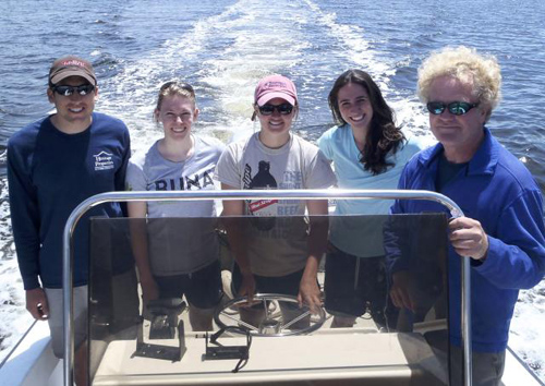 Moving on to Narragansett Bay. The research team, from left: Matt Bevil, Elena Suglia, Caitlin Brisson, Sinead Crotty, and Mark Bertness. Salt marsh die-off, properly understood, must now be managed. Image credit: Photos from Bertness lab/Brown University 