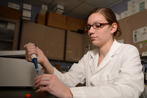 Paige Winkler is a doctoral student in MSU's College of Veterinary Medicine who discovered the mutated gene that causes albinism in Dobermans. Photo by G.L. Kohuth. 