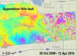 UAVSAR measurement, called an interferogram, of quiet movement on the Superstition Hills Fault after a 2010 Baja California earthquake, overlaid on a Google Earth image. Image credit: NASA/JPL/USGS/California Geological Survey/Google (Click image to enlarge)