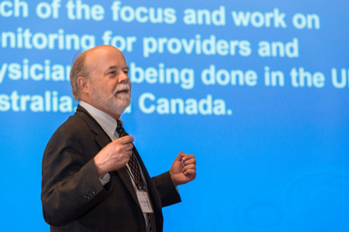 William H. Woodall delivers a lecture on "Monitoring and Improving Surgical Quality." Photo by Evan Krape