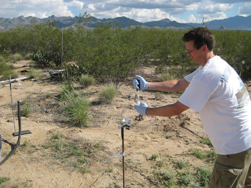 University of Washington scientist Jeff Riffell manipulates a chemical odor plume source for measurements by proton transfer reaction mass spectrometry amongst a creosote bush habitat. (Photo courtesy of Leif Abrell)