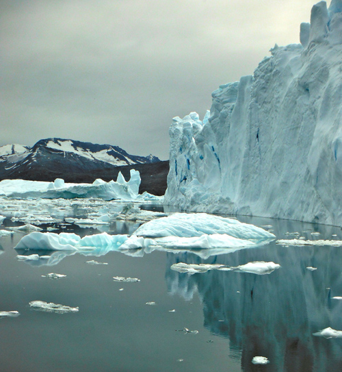 Icebergs in Sermilik Fjord, near the terminus of Helheim Glacier, in August 2013. (Photo credit: Magdalena Andres)