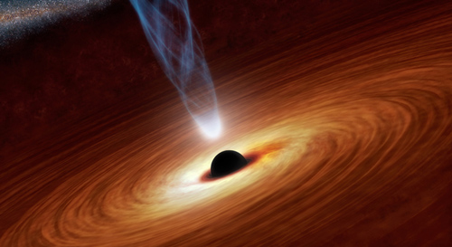 The regions around supermassive black holes shine brightly in X-rays. Some of this radiation comes from a surrounding disk, and most comes from the corona, pictured here in this artist's concept as the white light at the base of a jet. This is one possible configuration for a corona -- its actual shape is unclear. Image credit: NASA/JPL-Caltech