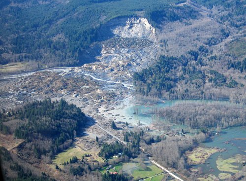 An aerial view of the slide site at Oso, Washington, from March 31, 2014. Image credit: Gordon Farquharson / UW