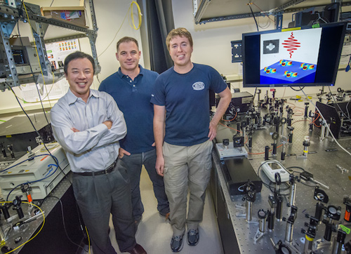 Xiang Zhang, Haim Suchowski and Kevin O’Brien were part of the team that produced, detected and controlled ultrahigh frequency sound waves at the nanometer scale. (Photo by Roy Kaltschmidt) 