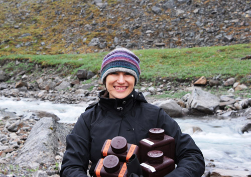 University of Michigan aquatic geochemist Rose M. Cory collects water from the Sagavanirktok River, Arctic Alaska. Image credit: George W. Kling