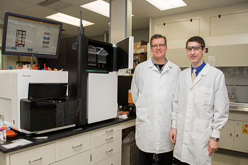 UD's Eric Wommack (left) and Eric Sakowski, a doctoral student, have discovered that the ancient gene RNR provides important biological insights into the characteristics of unknown viruses in the sea. Photos and images by Lindsay Yeager