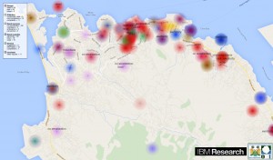 IBM Research Africa: Mapping Ebola. Working with the Sierra Leone Government, IBM is producing heatmaps showing Ebola-related issues as reported by the citizens of Freetown, Sierra Leone. Image credit: IBM (Click image to enlarge)
