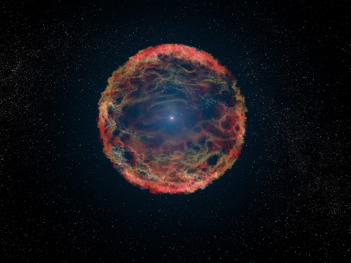 This is an artist’s impression of supernova 1993J, an exploding star in the galaxy M81 whose light reached Earth 21 years ago. The supernova originated in a double-star system, in which one member was a massive star that exploded after siphoning most of its hydrogen envelope to its companion star. After two decades, astronomers have identified the blue helium-burning companion star, seen at the center of the expanding nebula of debris from the supernova. The Hubble Space Telescope identified the ultraviolet glow of the surviving companion embedded in the fading glow of the supernova. Image courtesy of ESA and G Bacon (STScI), NASA