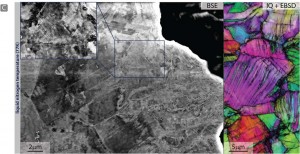 At 77K, back‐scattered electron images taken in the wake of a propagated crack show the formation of pronounced cell structures resulting from dislocation activity that includes deformation‐induced nano‐twinning. Image courtesy of Ritchie group (Click image to enlarge)